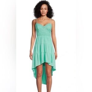 Teal Crochet High Low Dress with crocheted bust and v neck line mint 11-13 size